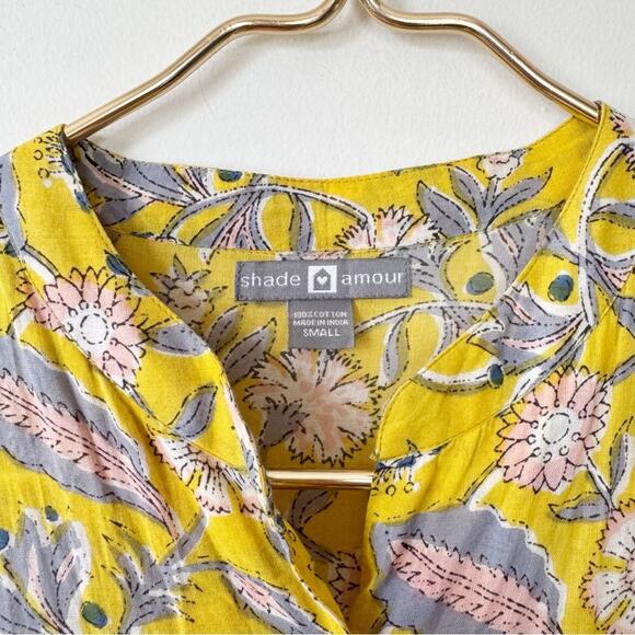 Shade Amour Yellow and Pink Block Print Floral Tiered Button Front Dress S - Picture 5 of 6